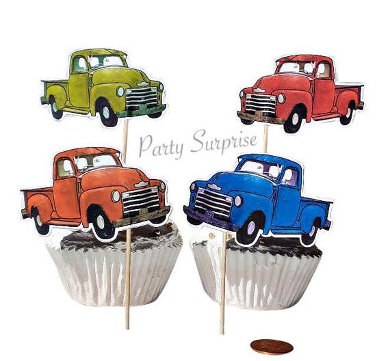 Vintage Trucks Cupcake Toppers Red Green Blue Rust Truck Toppers Vintage Style Custom Hand Made Birthday Bachelor Fathers Day Cupcake Topper Il_570xn