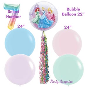 Princess Balloon Bouquet Package with Rainbow Number Balloon Princess Bubble Balloon 22" Girl Princess Birthday Party Balloons Made in USA