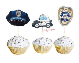 Police Cupcake Cake Toppers, Banners, Custom Hand Made Personalize Badge Hat Car Made in USA Police Party Decor 1st Responder Decor