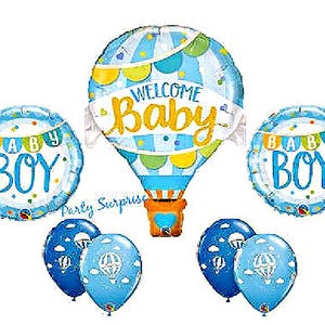 Hot Air Baby Boy Balloon Package Mylar Foil and Latex with Balloon twirlz/tail Blue and White Baby Boy Shower Balloons Hot Air Baby Shower