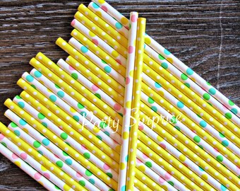 Pastel Straws Pastel Polka Dots, Yellow Straws Polka Dots, Birthday Party Baby Shower Lemonade Straw Party Decor Paper Straws