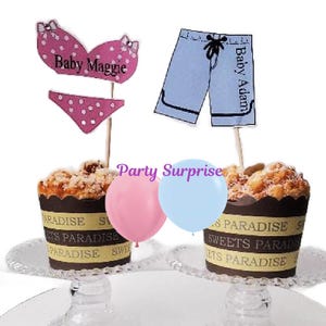 Cupcake Toppers Bikinis Board Shorts Custom Hand Made Pink/Blue Birthday Cupcake Cake toppers Banners Gender Reveal Baby Shower Pool Party