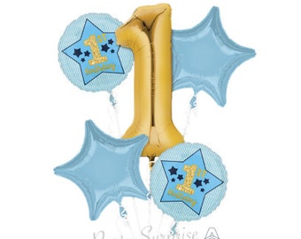 1st Birthday Boy Balloon Pkg Blue and Gold Mylar Foil Made in USA 1st Birthday Balloons Boy Gold Number 1 Jumbo Balloon