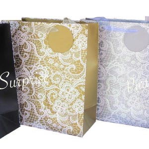 Gift Bags with Handle, Pink Black Silver Gold Bags, Lace with Glitter, All Occasions Gift Bags with Tags