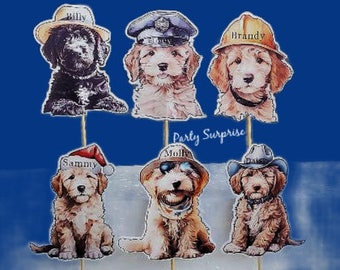 Doodle Dogs Cupcake/Cake Toppers, Banners, custom hand made for you,  Personalize with your dogs' name on the hats!