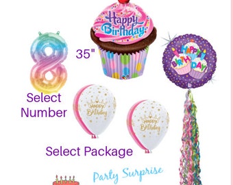 Birthday Balloon Pkg for Girls Cupcake 35" Mylar Foil with Happy Birthday Balloons/Balloon Tails  Select Your Pkg. Made in the USA