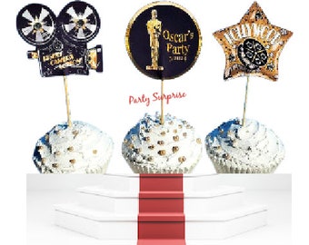 Hollywood Cupcake Toppers Hollywood Party Decoration Oscar Emmy Party Custom Made Cupcake Toppers Stars Movie Reel Movie Theater Party
