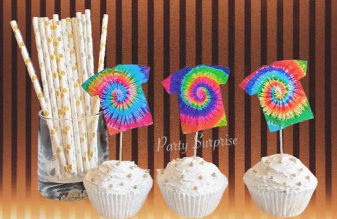 Tie Dye Cupcake Toppers, Cake Toppers, T Shirts, Banner Tie Dye, Custom