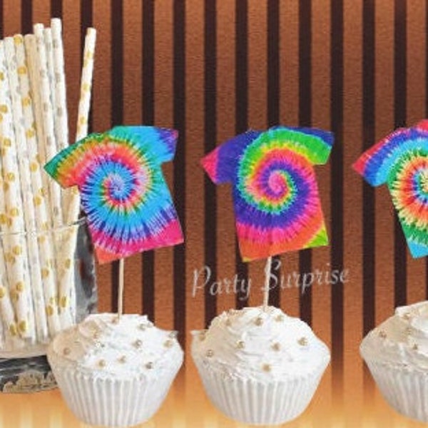 Tie Dye Cupcake Toppers, Cake Toppers, T shirts, Banner Tie Dye, Custom Made Toppers 80's Party Disco Rock Summer Beach Birthday Party