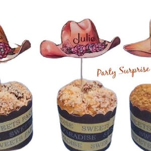 Cowgirl Hats Cupcake/Cake Toppers, Personalize Custom Hand Made in USA, Matching Cowgirl Boots Cowboy Party Cowgirl Party Decor Toppers