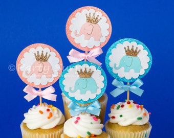 Elephant Cupcake Toppers Elephant Baby Shower Gender Reveal Girl Boy Pink Blue New Baby Girl Boy