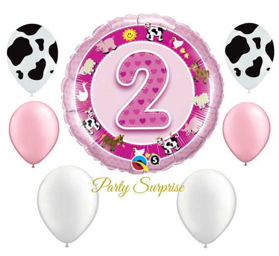 Girl Farm Birthday Two year Girl Birthday Party Balloons Farm Party Cow Pig Cow Print Pink White Party Balloons 2 Balloon Girl Made in USA Il_570xn