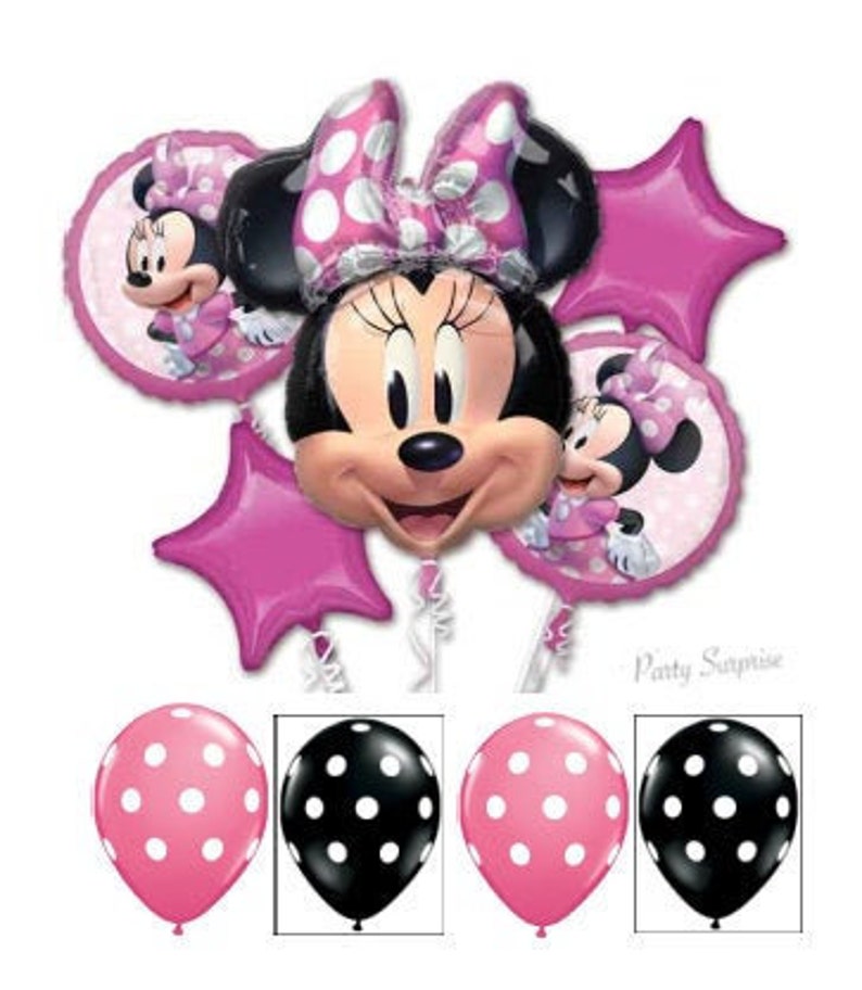 Pode incluir: Um conjunto de seis bal&otilde;es da Minnie Mouse, incluindo um bal&atilde;o grande de folha de alum&iacute;nio da cabe&ccedil;a da Minnie Mouse, dois bal&otilde;es de folha de alum&iacute;nio menores com a cabe&ccedil;a da Minnie Mouse e um fundo de bolinhas, e tr&ecirc;s bal&otilde;es de l&aacute;tex com bolinhas rosa e brancas.