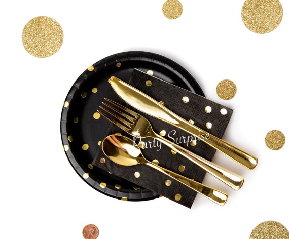 Black Plates Napkins with Gold Foil Dots Dessert Appetizer Disposable Cocktail Beverage Wedding Bridal Shower Anniversary Party Dessert Bar Il_570xn