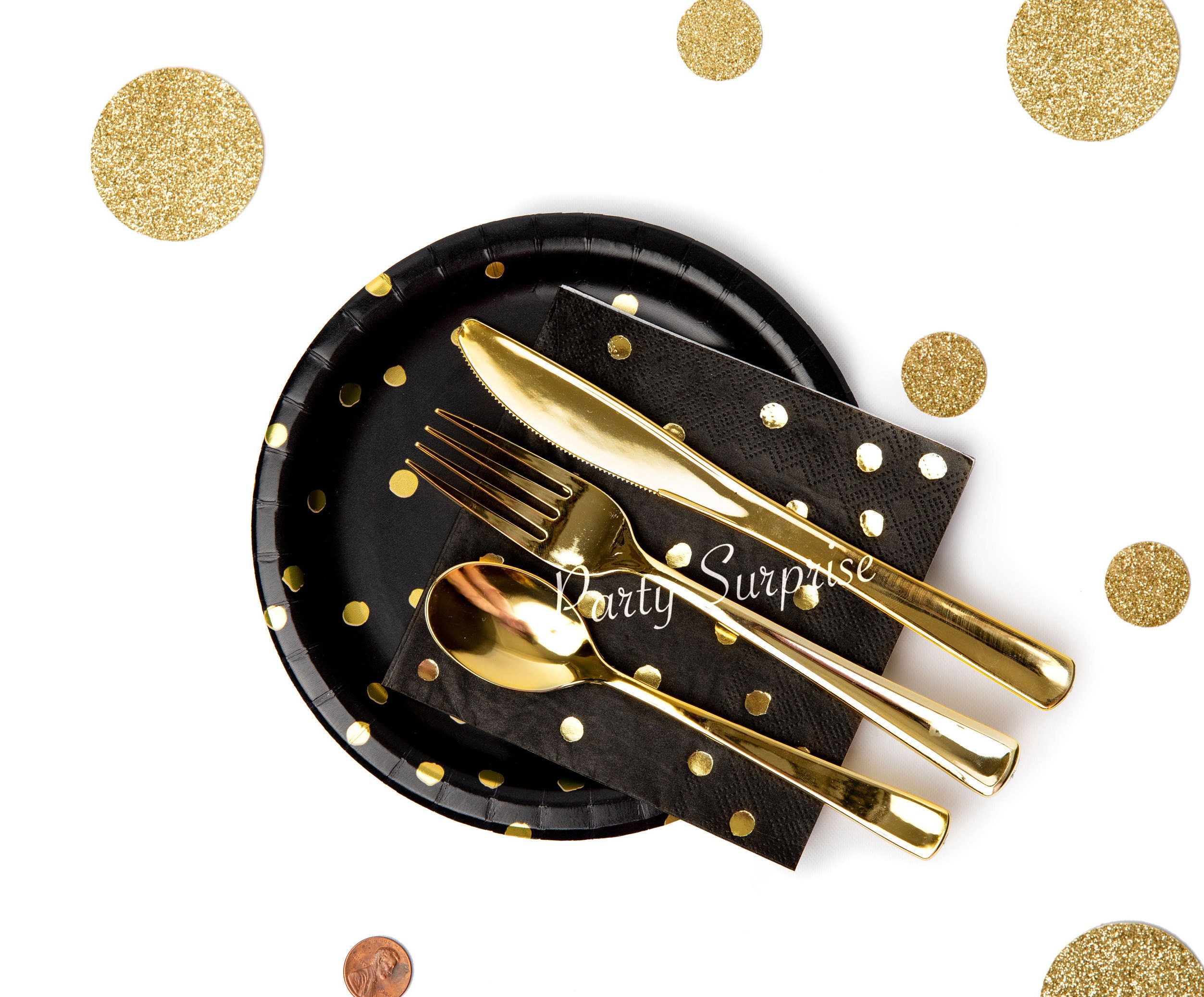 Black Plates Napkins with Gold Foil Dots Dessert Appetizer Etsy