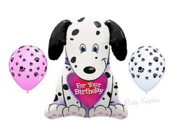 Dog Birthday Balloons Dalmation Firehouse Dog Happy Birthday Balloon Pkg Paw Print Pink White Balloons Mylar Foil Latex Balloons Made in USA