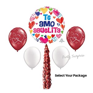 Spanish Abuelita Grandma Balloon Bouquet with Balloon Twirlz/Tail Red Hearts Pearl White Balloons Made in USA