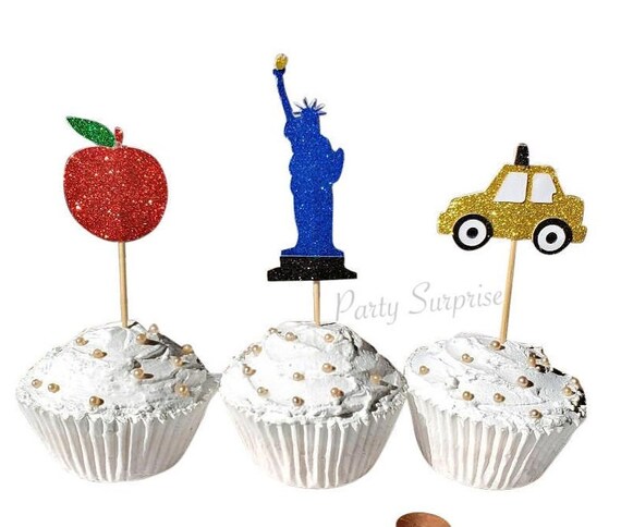 NYC Cupcake Toppers All Glitter Statue of Liberty, the Big Apple, NYC Taxi, New York City party decor, NYC cake cupcake toppers Il_570xn