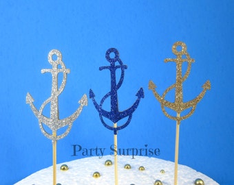 Anchor Cupcake Toppers Gold Silver and Navy Glitter Nautical Anchors Gold Wedding Bridal Shower Baby Shower Birthday Party Nautical Party