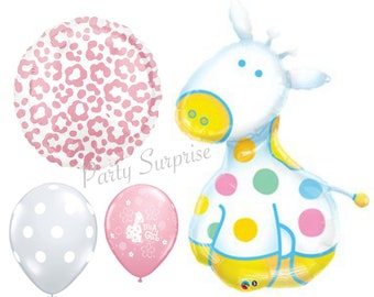 Baby Girl Giraffe Balloon Package Girl Baby Shower Giraffe Safari Jungle Balloons 1st Birthday Giraffe Safari Decor Mylar Foil and Latex