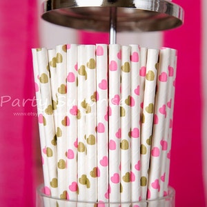 Pink & Gold Straws Hearts Baby Shower Girl Party Wedding Bridal Shower Sweet Sixteen Bat Mitzvah Engagement Birthday Party
