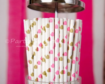 Pink & Gold Straws Hearts Baby Shower Girl Party Wedding Bridal Shower Sweet Sixteen Bat Mitzvah Engagement Birthday Party