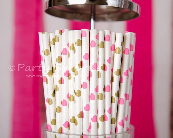Pink & Gold Straws Hearts Baby Shower Girl Party Wedding Bridal Shower Sweet Sixteen Bat Mitzvah Engagement Birthday Party Il_570xn