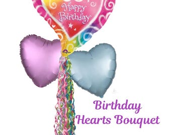 Happy Birthday Heart Balloon Bouquet with Balloon Twirlz/Tail Rainbow colors Select Your Package