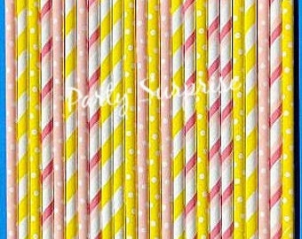 Lemonade Party Straws, Pink and Yellow Straws Dots and Stripes Straws Summer Tropical Birthday Party Straws, Pink Straws, Yellow Straws