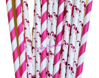 Flamingo Pink Straws Pink Foil Flamingos Hot Pink Stripes Paper Straws Tropical Party Straws