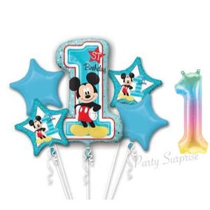 Mickey Mouse 1st Birthday Balloon 5 Mylar Foil Bouquet Blue Star Balloons Boy 1st Birthday Number 1 Mickey Mouse Party Decor Made in the USA