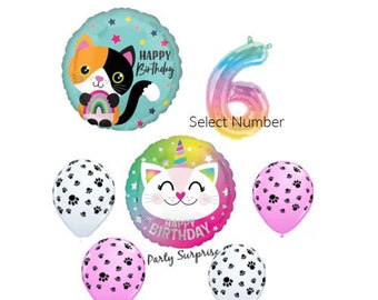 Cat Happy Birthday Balloon Pkg Calico Cat Caticorn Paw Print Pink White Latex Birthday Number Select Your Pkg Cat Birthday Made in USA