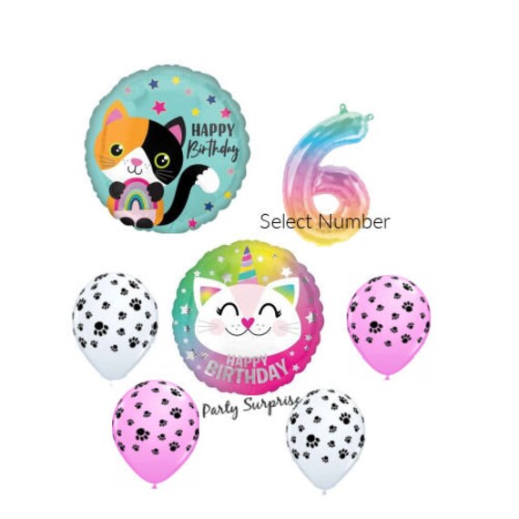 Cat Happy Birthday Balloon Pkg Calico Cat Caticorn Paw Print Pink White Latex Birthday Number Select Your Pkg Cat Birthday Made in USA Il_570xn