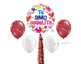 Spanish Abuelita Grandma Balloon Bouquet with Balloon Twirlz/Tail Red Hearts Pearl White Balloons Made in USA