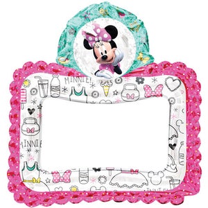 May include: A Minnie Mouse-themed balloon in a rectangular frame shape. The frame is pink with a scalloped edge and a white interior decorated with Minnie Mouse-related icons. A circular balloon features Minnie Mouse in a pink dress and bow.