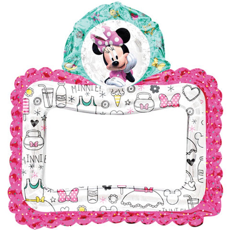 May include: A Minnie Mouse-themed balloon in a rectangular frame shape. The frame is pink with a scalloped edge and a white interior decorated with Minnie Mouse-related icons. A circular balloon features Minnie Mouse in a pink dress and bow.