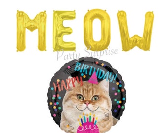 Cat Birthday Balloon Pkg MEOW Gold Letter Balloons MEOW Happy Birthday Cat Kitten Birthday Party Paw Print Cat Party Decor Made in USA