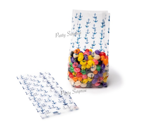 Anchor Treat Bags Clear Cellophane Nautical Party Candy Cookie Muffin Goodie Favor Treat Bags with ties Clear Blue Anchors Bags Il_570xn