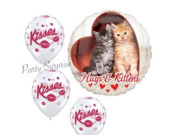 Cat Balloon Package Hugs and Kisses Kittens Mylar and Latex Hearts Select Your Package Love Valentines Anniversary Proposal Cat Balloons