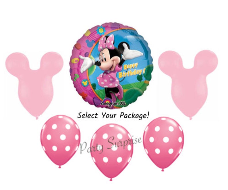 Pode incluir: Um bal&atilde;o rosa com bolinhas brancas, um bal&atilde;o rosa do Mickey Mouse com o texto "Feliz anivers&aacute;rio!" e dois bal&otilde;es rosas em forma de orelhas do Mickey.