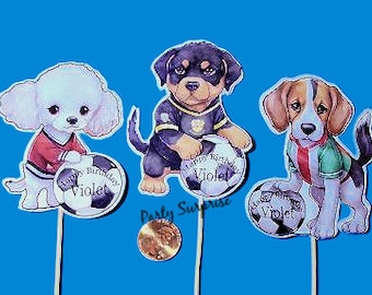 Soccer Cupcake/Cake Toppers, Banners, Custom Made, Personalize Names, Teams, Breeds of Dogs.  Party favor dog bone charm optional!