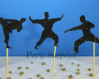 Karate Cupcake Toppers, Black Glitter Martial Arts Party Decor