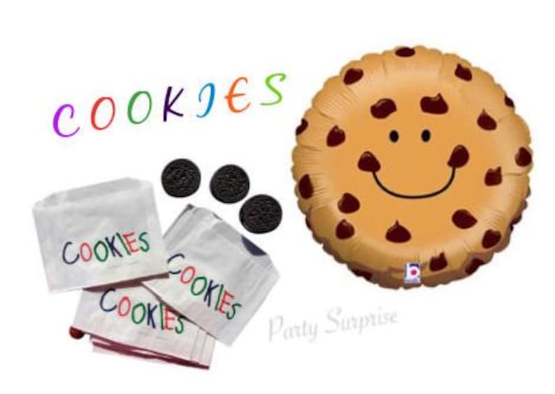 May include: A brown and white chocolate chip cookie balloon with a smiley face. The balloon is surrounded by four chocolate chip cookies and three white paper bags with the word "COOKIES" printed on them.