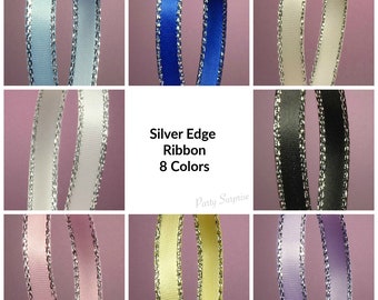 Ribbon by the Yard Metallic Silver Edge Satin Ribbon 8 Colors Black White Royal Blue Ivory, Pastel Ribbon yellow pink blue lavender