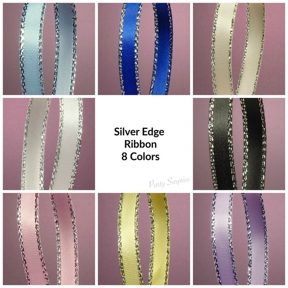 Ribbon by the Yard Metallic Silver Edge Satin Ribbon 8 Colors Black White Royal Blue Ivory, Pastel Ribbon yellow pink blue lavender Il_570xn