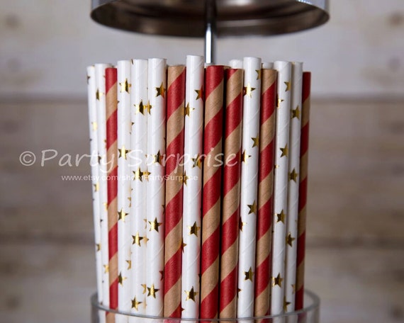 Red Kraft Straws Gold Foil Straws Rustic Wedding Christmas Party Birthday Holiday Valentines Day Shower Red Gold and Kraft Straws Il_570xn