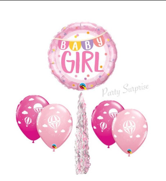 Baby Girl Hot Air Balloon Package Mylar Foil and Latex Pink Balloon tail Girl Baby Shower Balloons Hot Air Balloon Baby Shower Il_570xn
