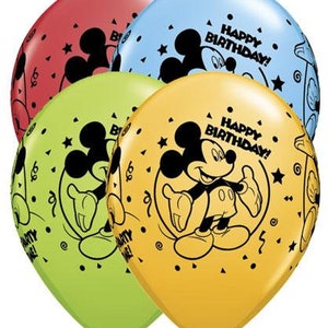 May include: Four Mickey Mouse themed latex balloons. The balloons are red, blue, green, and yellow. Each balloon has a black Mickey Mouse graphic and the text "Happy Birthday!" printed on it.