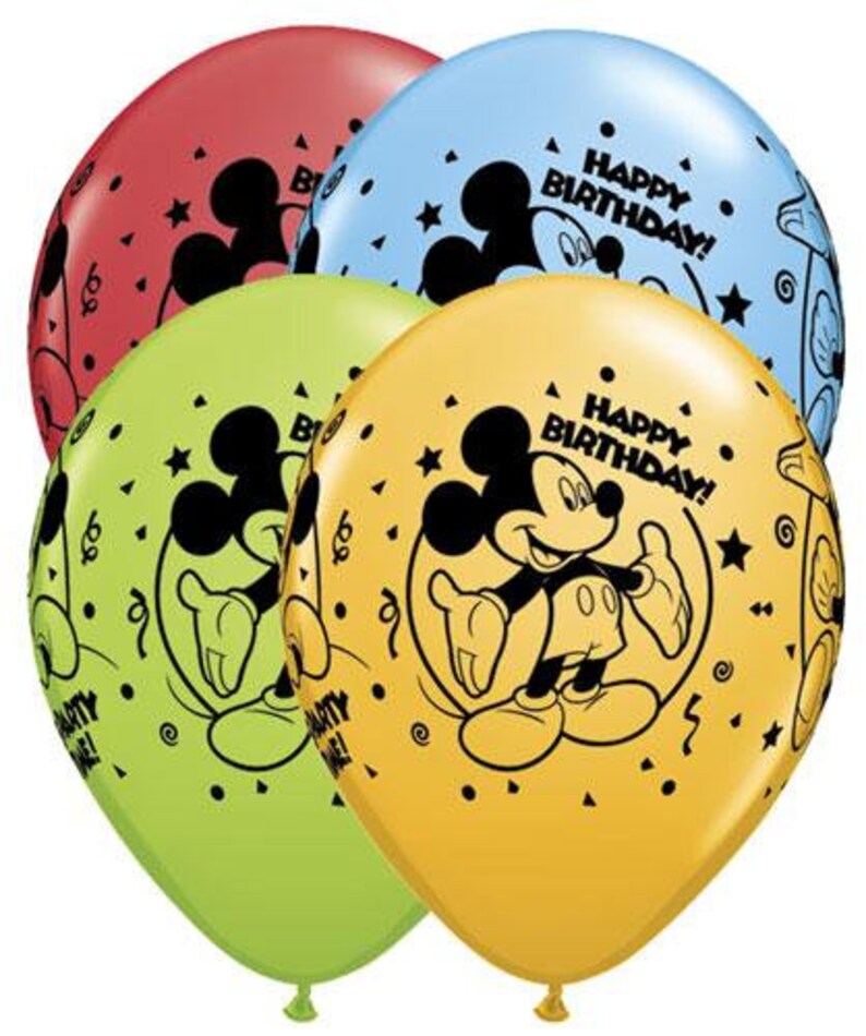May include: Four Mickey Mouse themed latex balloons. The balloons are red, blue, green, and yellow. Each balloon has a black Mickey Mouse graphic and the text "Happy Birthday!" printed on it.