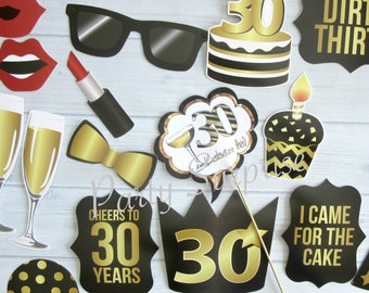 30th Birthday Photo Booth Props: Black and Gold Party Set